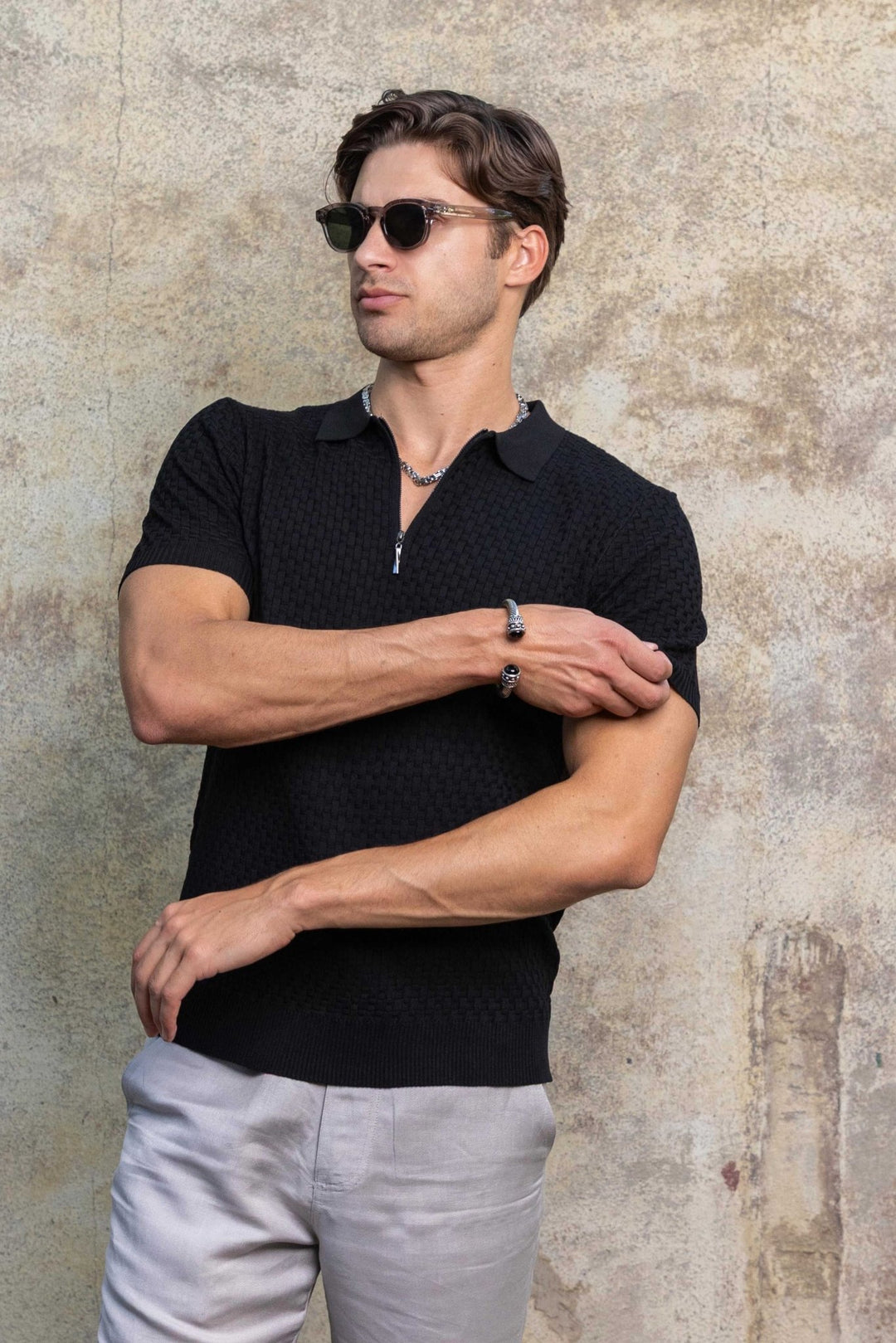 Men's Stylish Premium Knit Textured Polo Shirt with Stripe Accents - Especially Yours