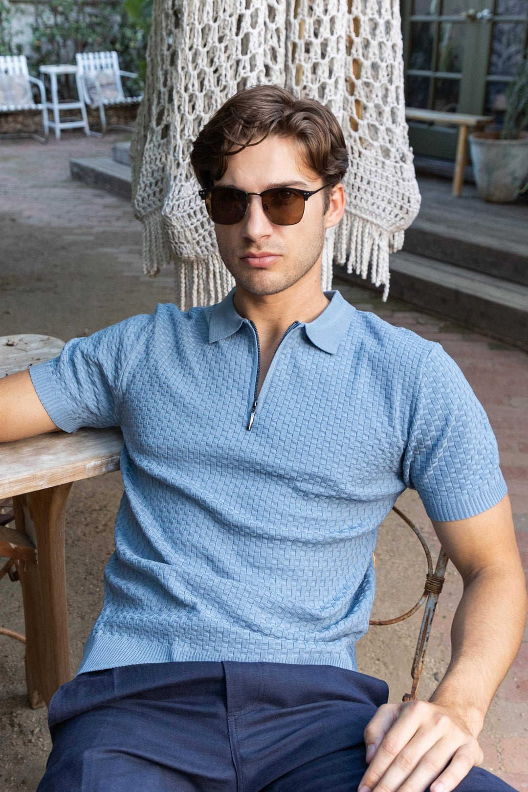 Men's Stylish Premium Knit Textured Polo Shirt with Stripe Accents - Especially Yours