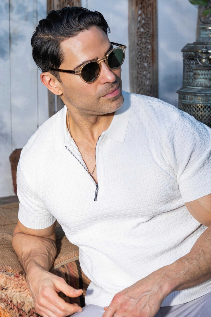 Men's Stylish Premium Knit Textured Polo Shirt with Stripe Accents - Especially Yours