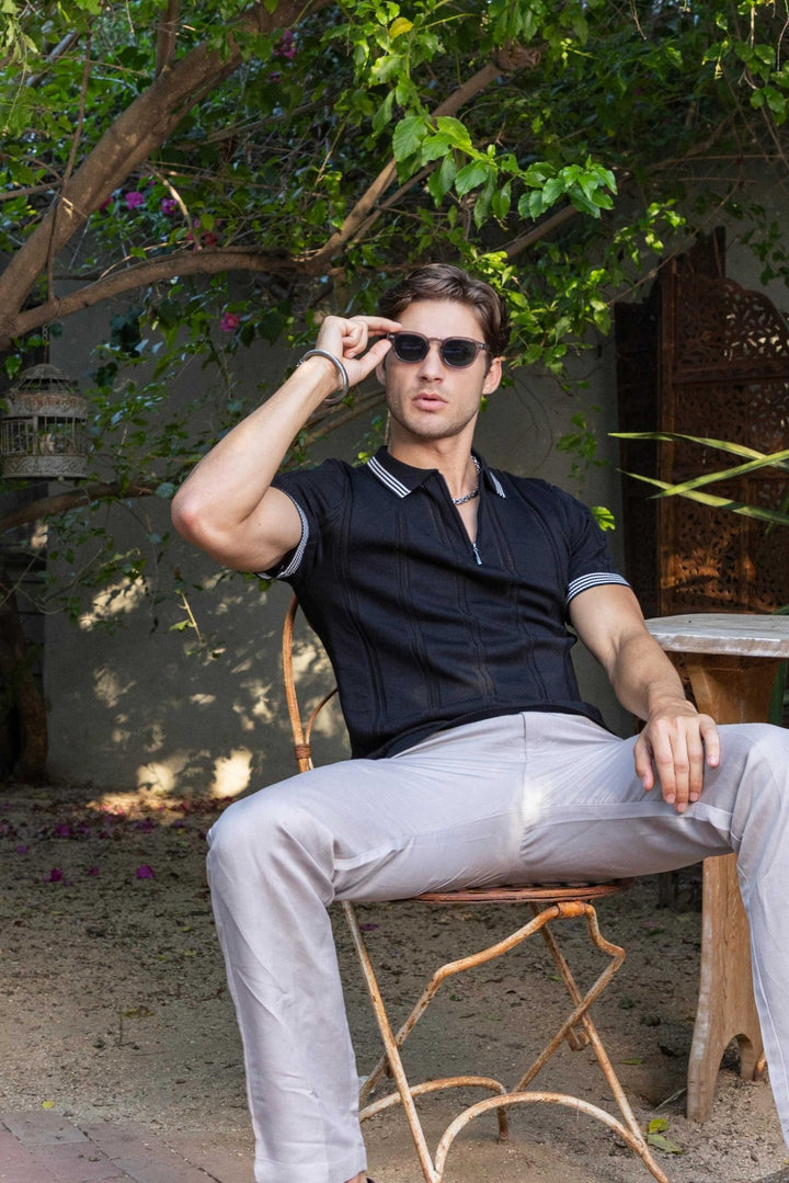 Men's Stylish Premium Knit Textured Polo Shirt with Stripe Accents - Especially Yours