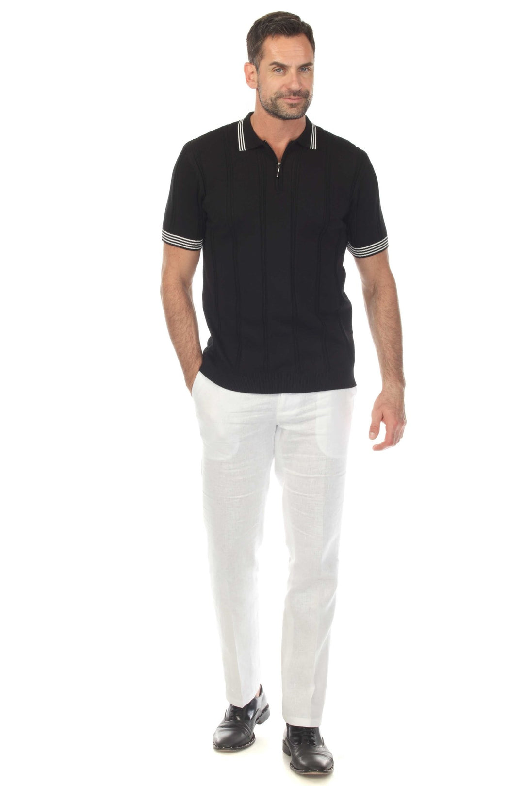 Men's Stylish Premium Knit Textured Polo Shirt with Stripe Accents - Especially Yours