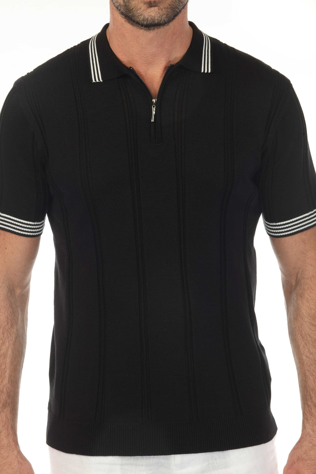 Men's Stylish Premium Knit Textured Polo Shirt with Stripe Accents - Especially Yours