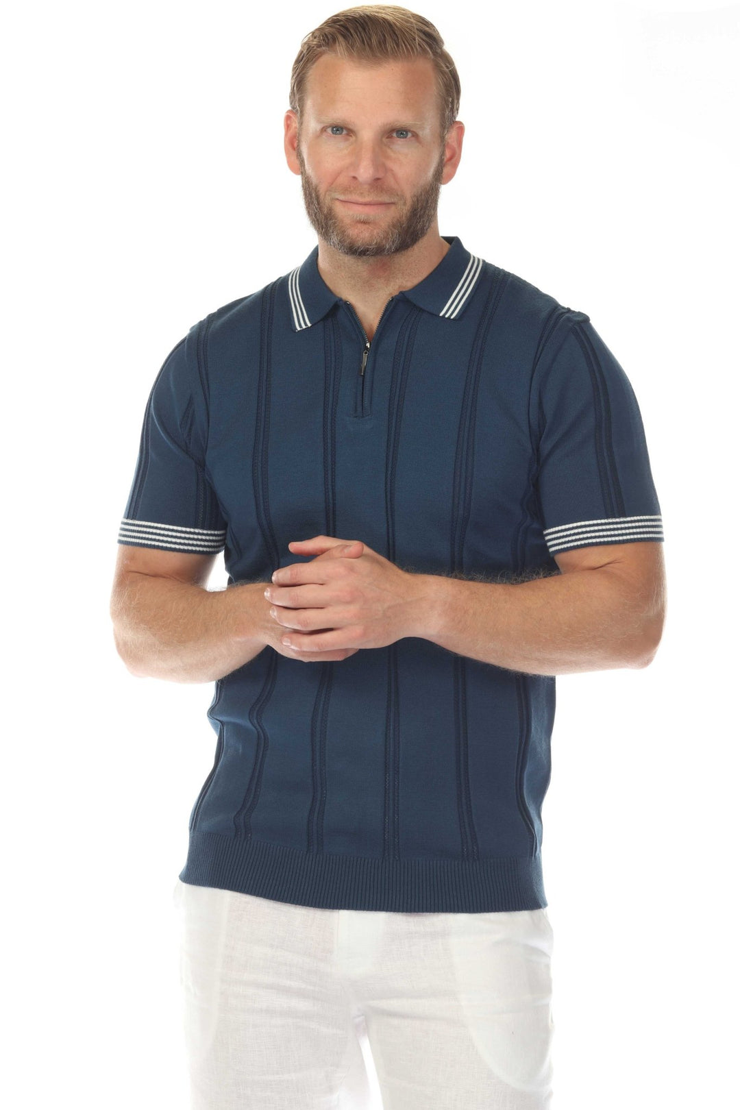 Men's Stylish Premium Knit Textured Polo Shirt with Stripe Accents - Especially Yours