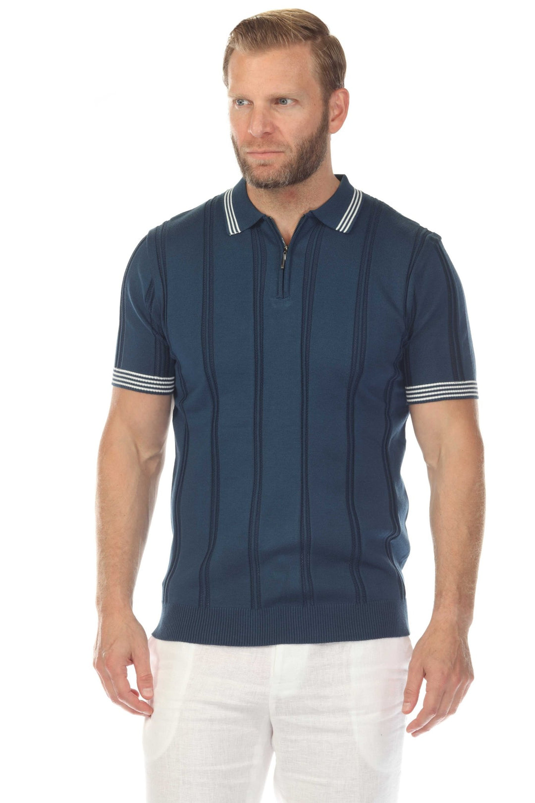 Men's Stylish Premium Knit Textured Polo Shirt with Stripe Accents - Especially Yours