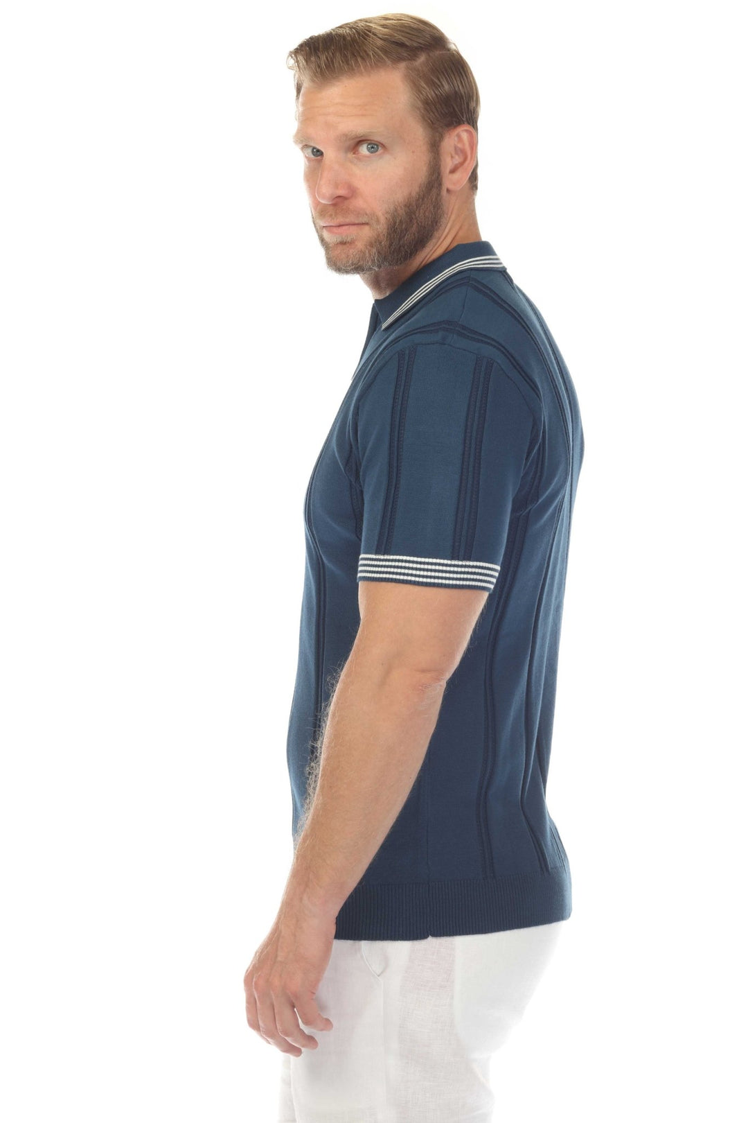 Men's Stylish Premium Knit Textured Polo Shirt with Stripe Accents - Especially Yours