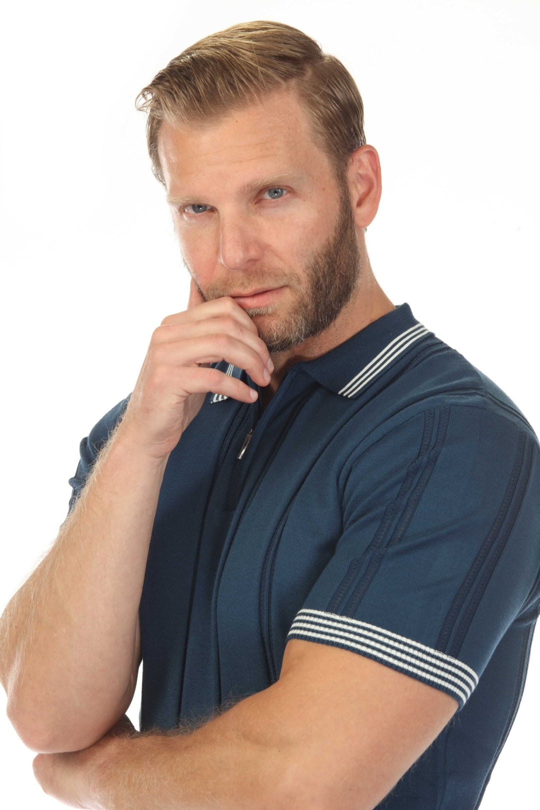 Men's Stylish Premium Knit Textured Polo Shirt with Stripe Accents - Especially Yours