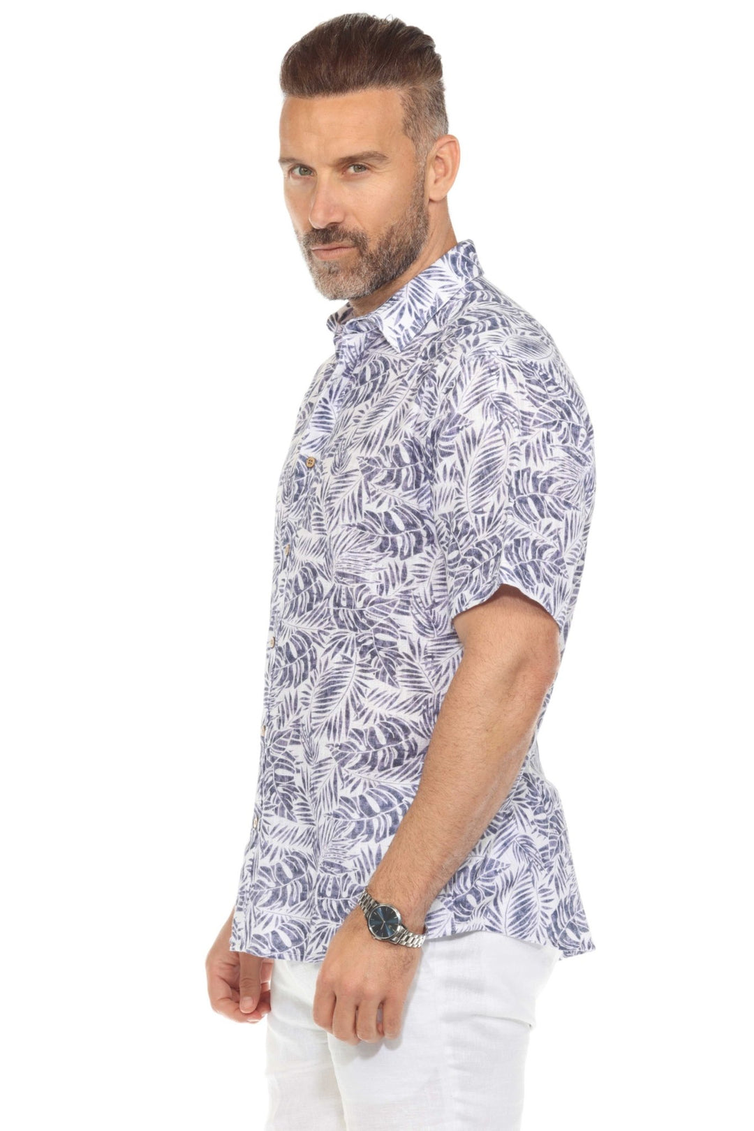 Men's Resort Style Casual Linen Blend Leafy Print Shirt - Especially Yours