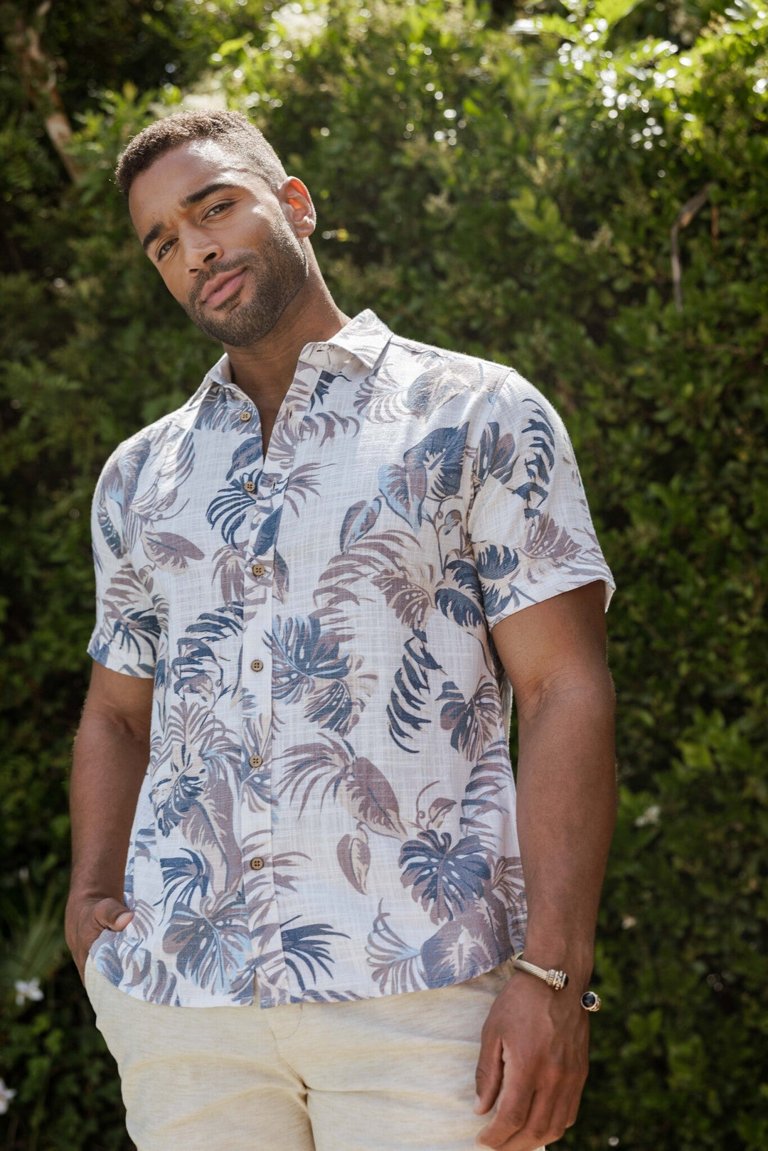 Men's Resort Style Casual Linen Blend Leafy Tropical Print Shirt - Especially Yours