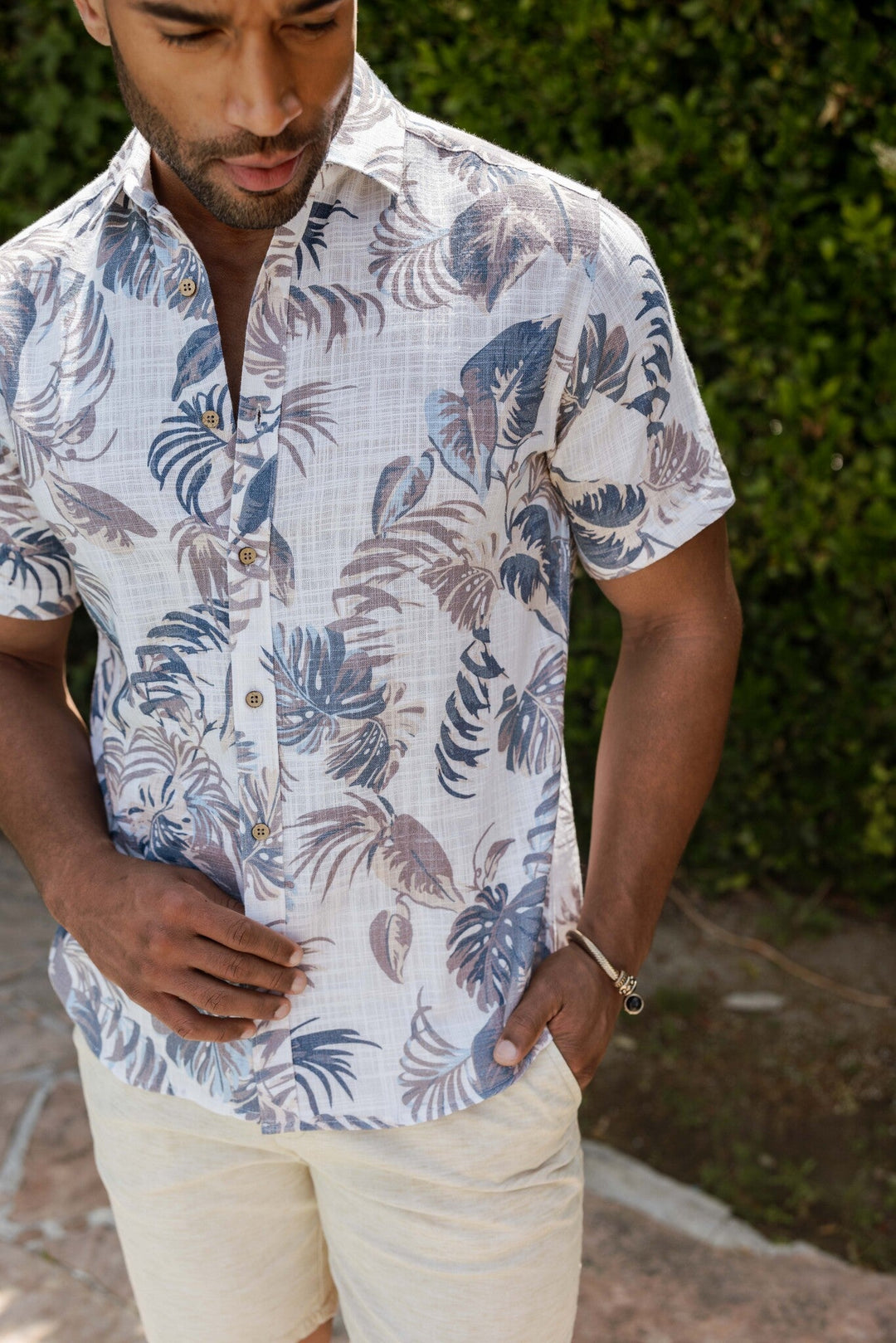 Men's Resort Style Casual Linen Blend Leafy Tropical Print Shirt - Especially Yours