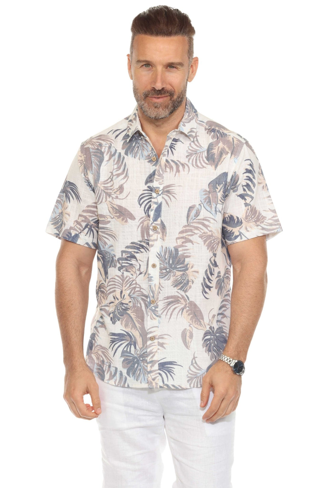 Men's Resort Style Casual Linen Blend Leafy Tropical Print Shirt - Especially Yours