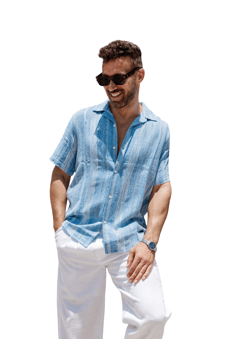 Men's Resort Style Casual Striped Multi - Texture Weave Linen Blend Shirt - Especially Yours