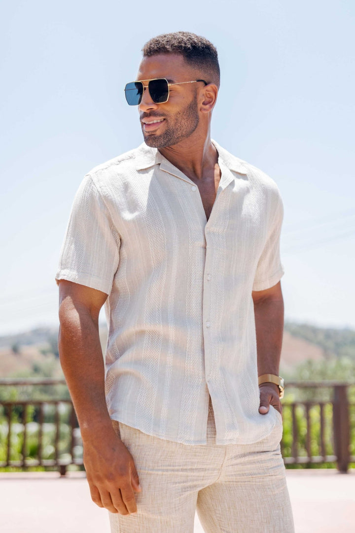 Men's Resort Style Casual Striped Multi - Texture Weave Linen Blend Shirt - Especially Yours