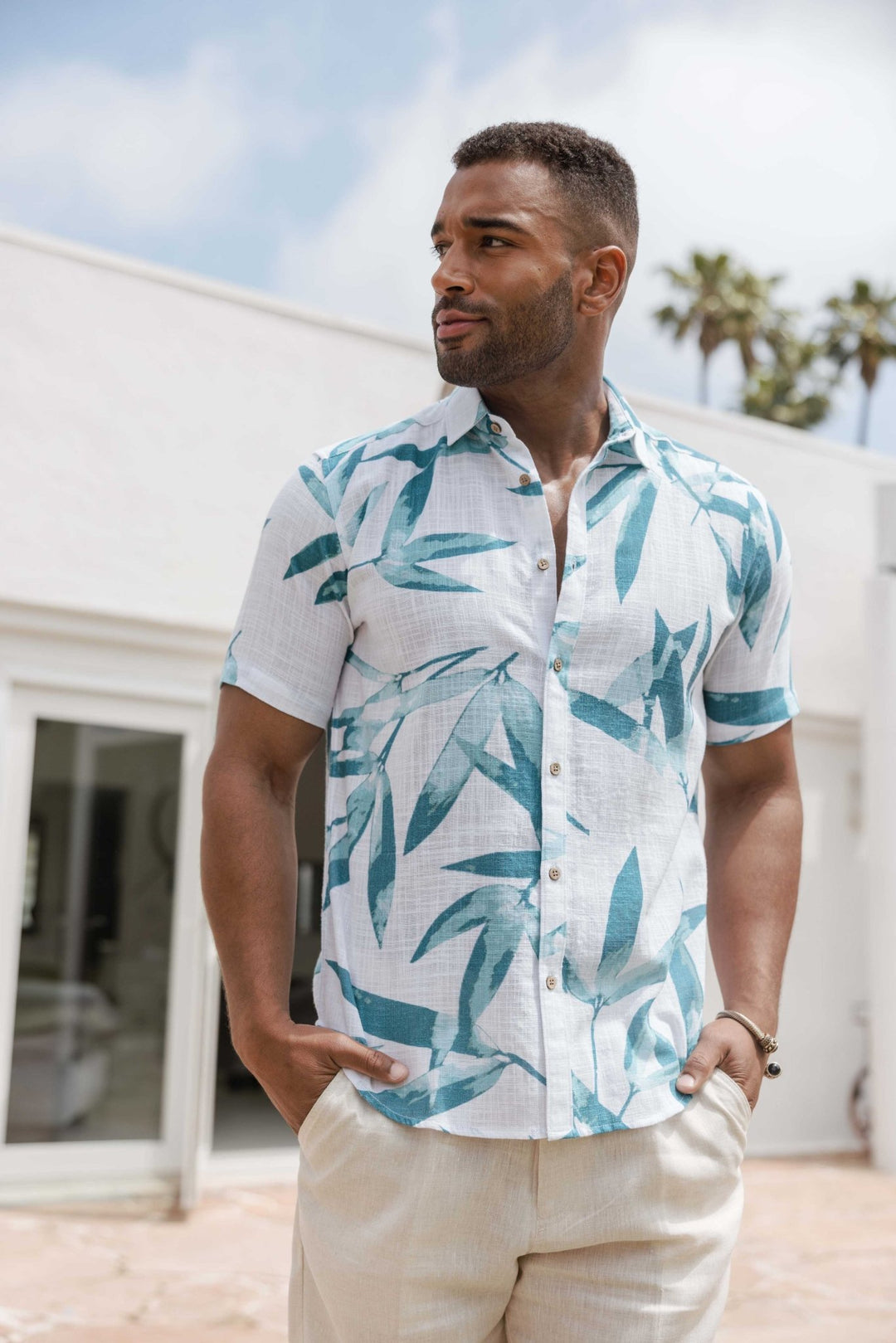 Men's Resort Style Casual Linen Blend Colorful Tropical Leaf Print Shirt - Especially Yours