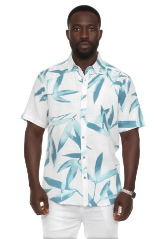 Men's Resort Style Casual Linen Blend Colorful Tropical Leaf Print Shirt