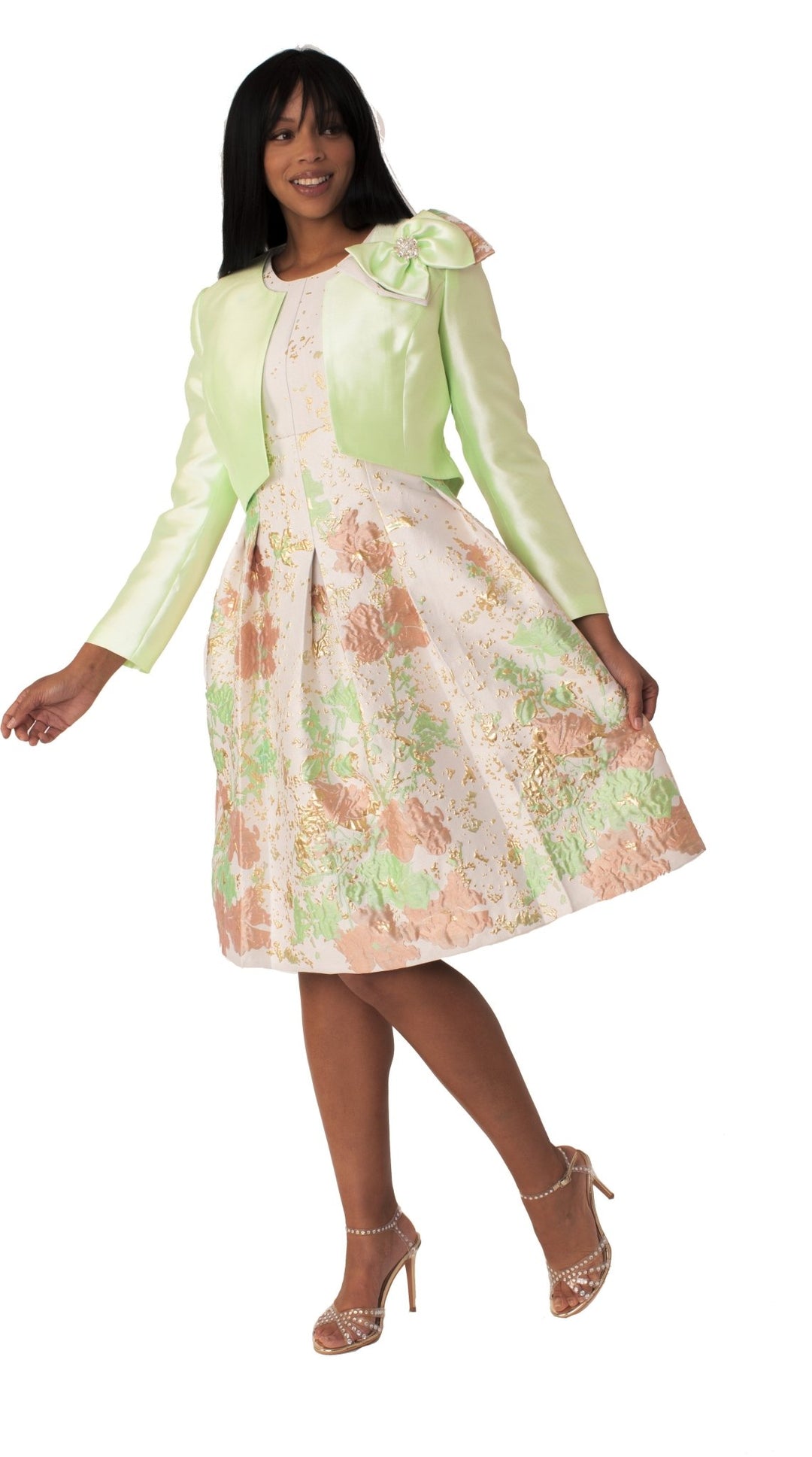 Plus Size Brocade Dress Set with Jacket & Brooch - 4830W - Especially Yours