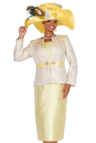 Gold Floral Brocade 2-Piece Skirt Suit with Rhinestone Waist Clasp - 6217