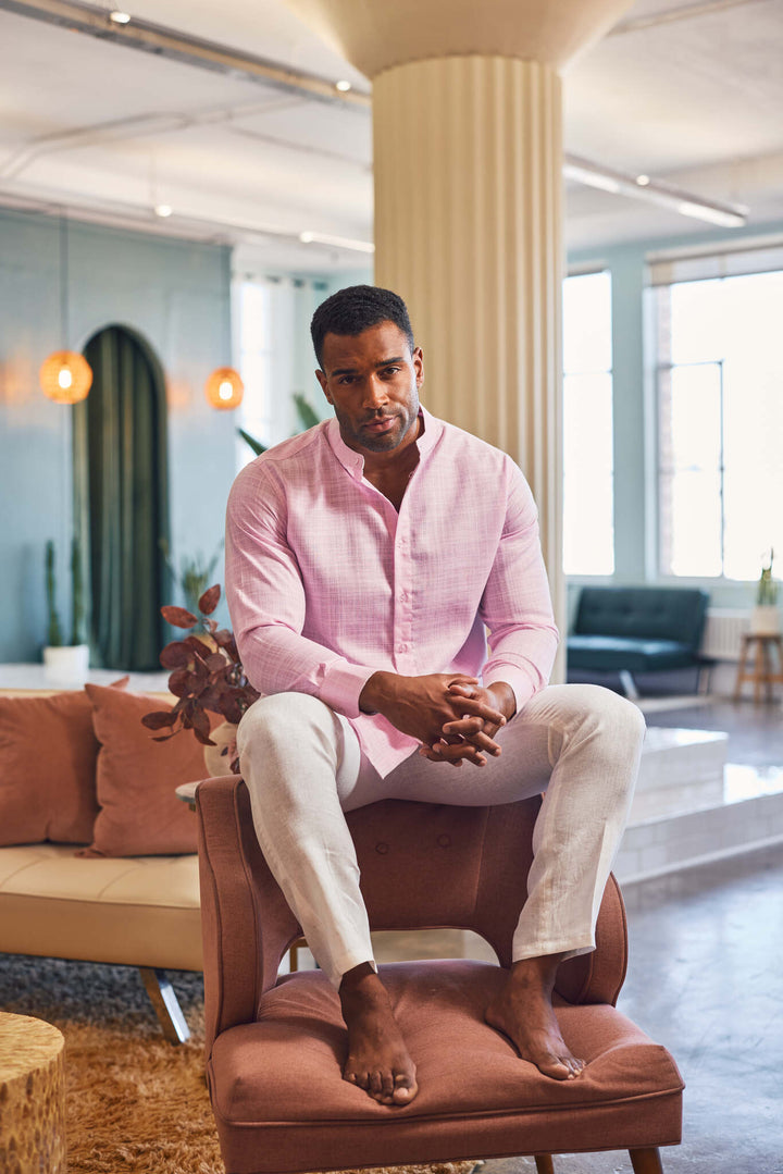 Men's Linen Blend Mandarin Collar Long Sleeve Shirt