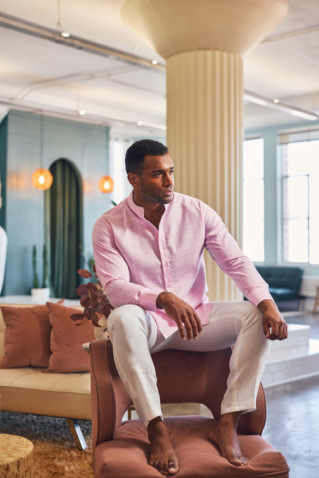 Men's Linen Blend Mandarin Collar Long Sleeve Shirt