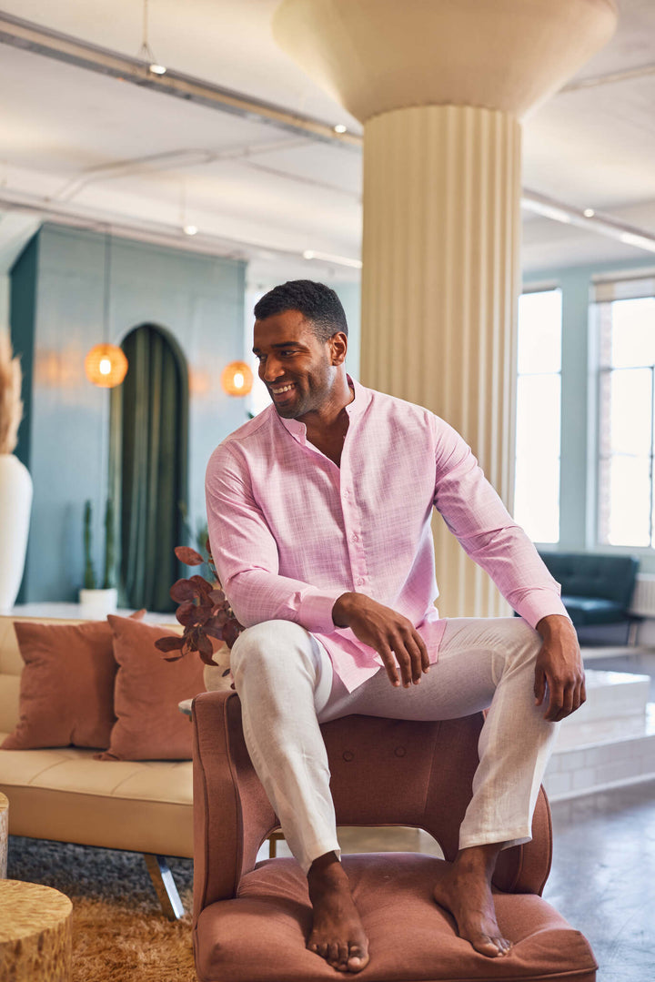 Men's Linen Blend Mandarin Collar Long Sleeve Shirt