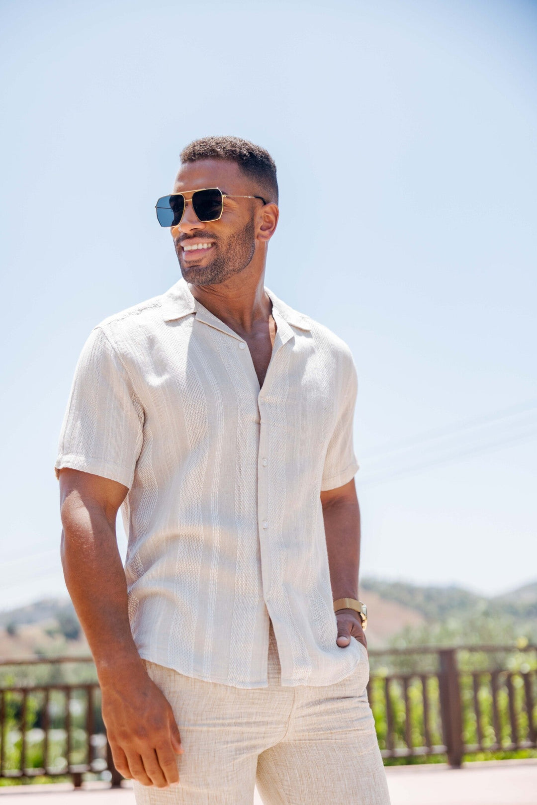 Men's Resort Style Casual Striped Multi - Texture Weave Linen Blend Shirt - Especially Yours