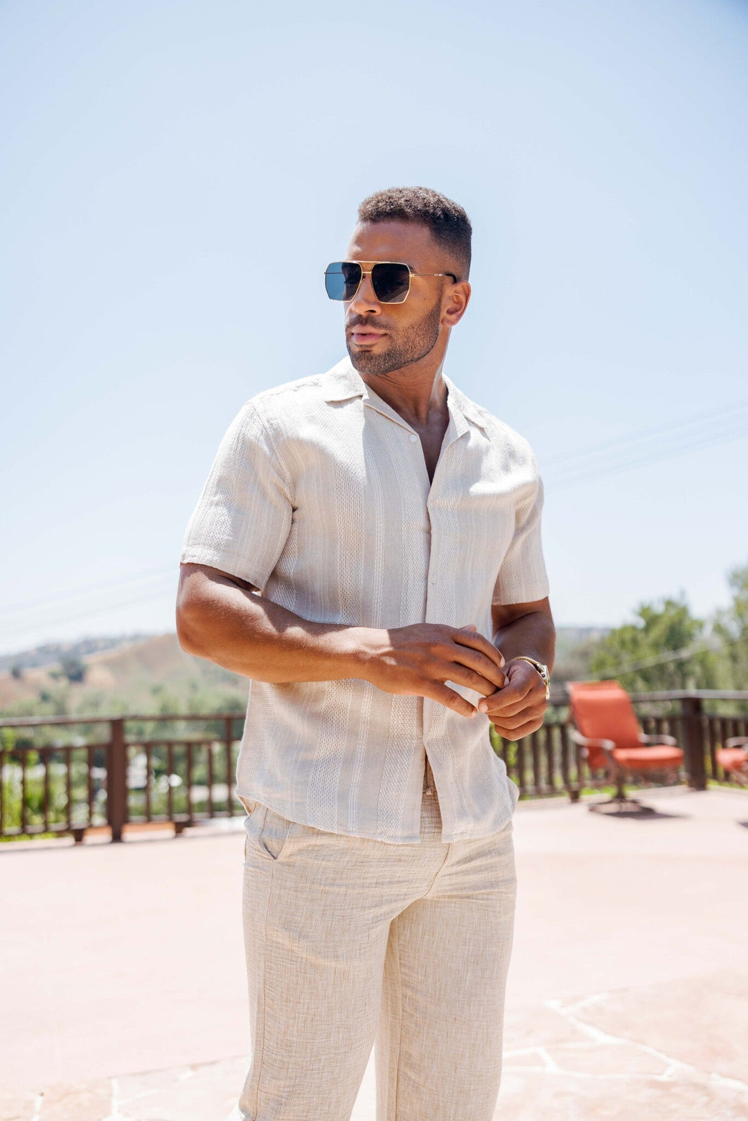 Men's Resort Style Casual Striped Multi - Texture Weave Linen Blend Shirt - Especially Yours