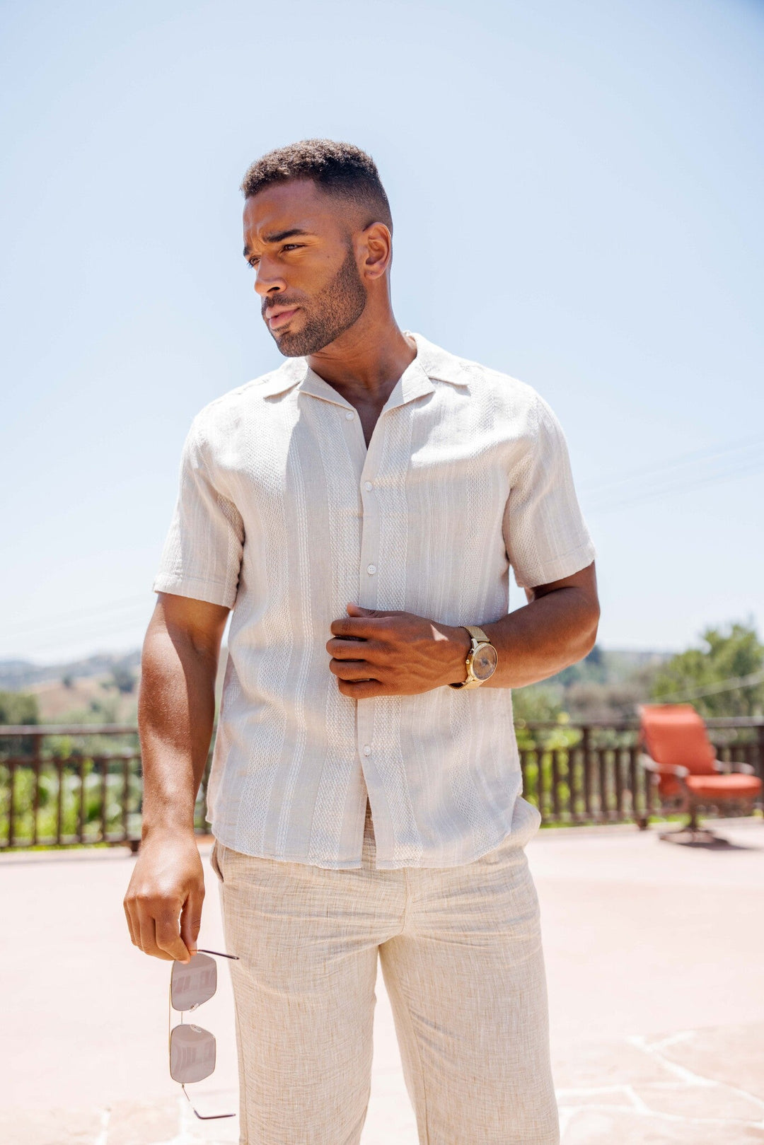 Men's Resort Style Casual Striped Multi - Texture Weave Linen Blend Shirt - Especially Yours