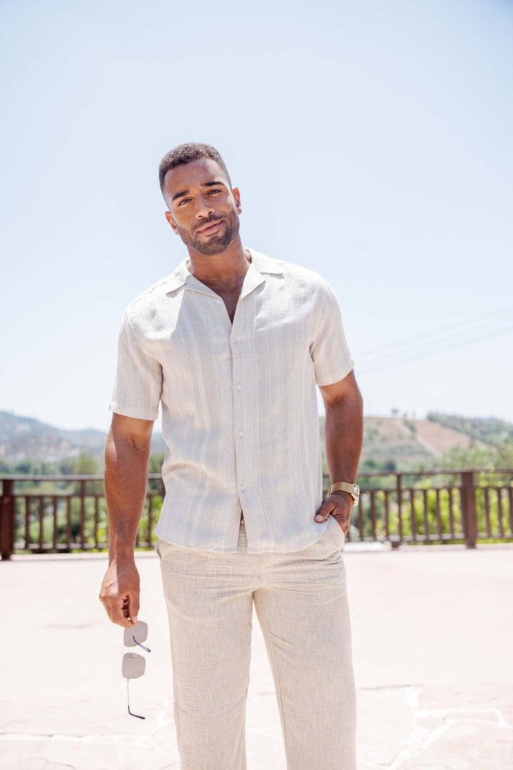 Men's Resort Style Casual Striped Multi - Texture Weave Linen Blend Shirt - Especially Yours