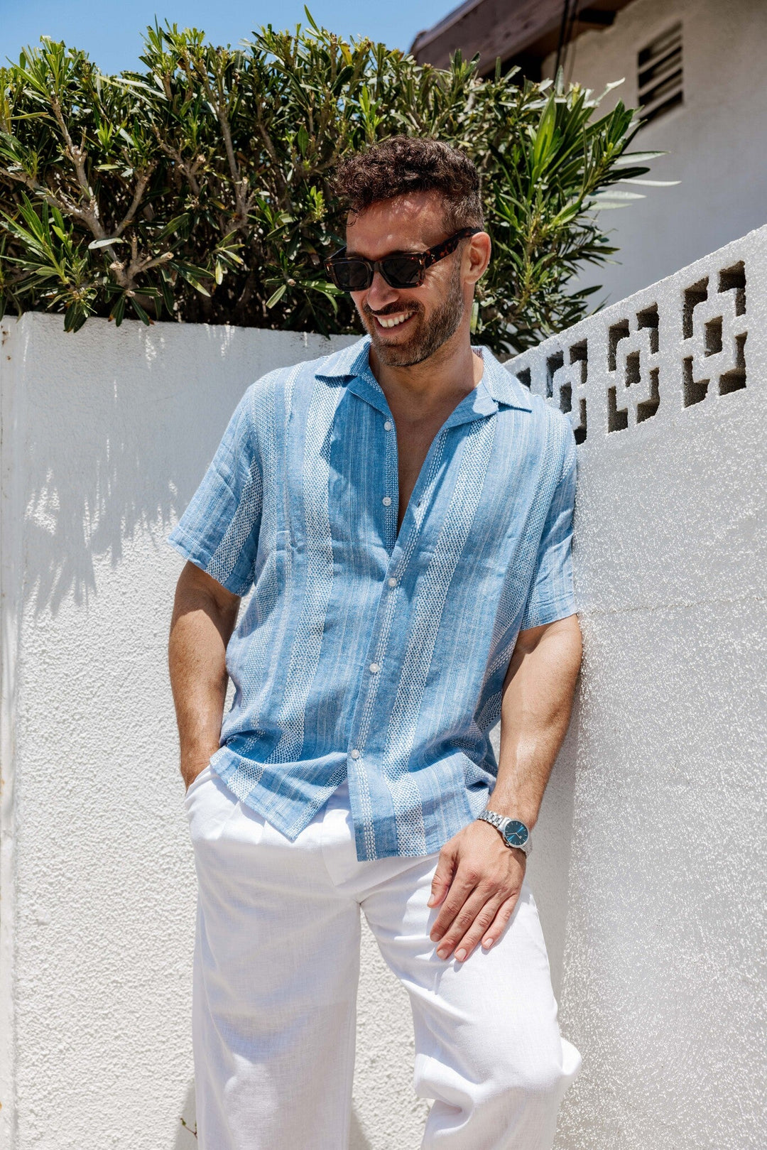 Men's Resort Style Casual Striped Multi - Texture Weave Linen Blend Shirt - Especially Yours