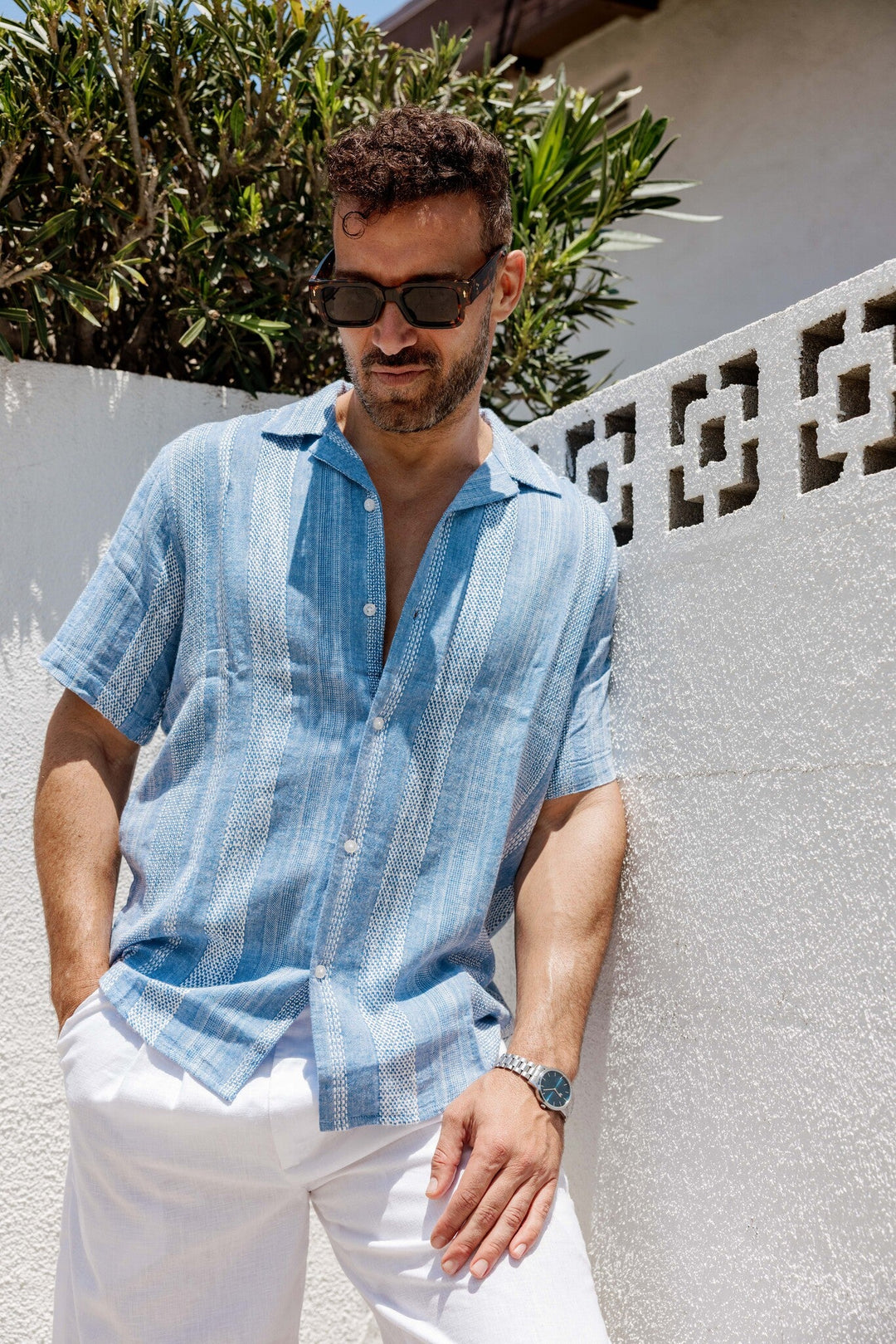 Men's Resort Style Casual Striped Multi - Texture Weave Linen Blend Shirt - Especially Yours