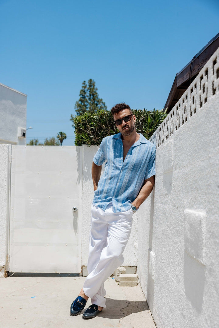 Men's Resort Style Casual Striped Multi - Texture Weave Linen Blend Shirt - Especially Yours