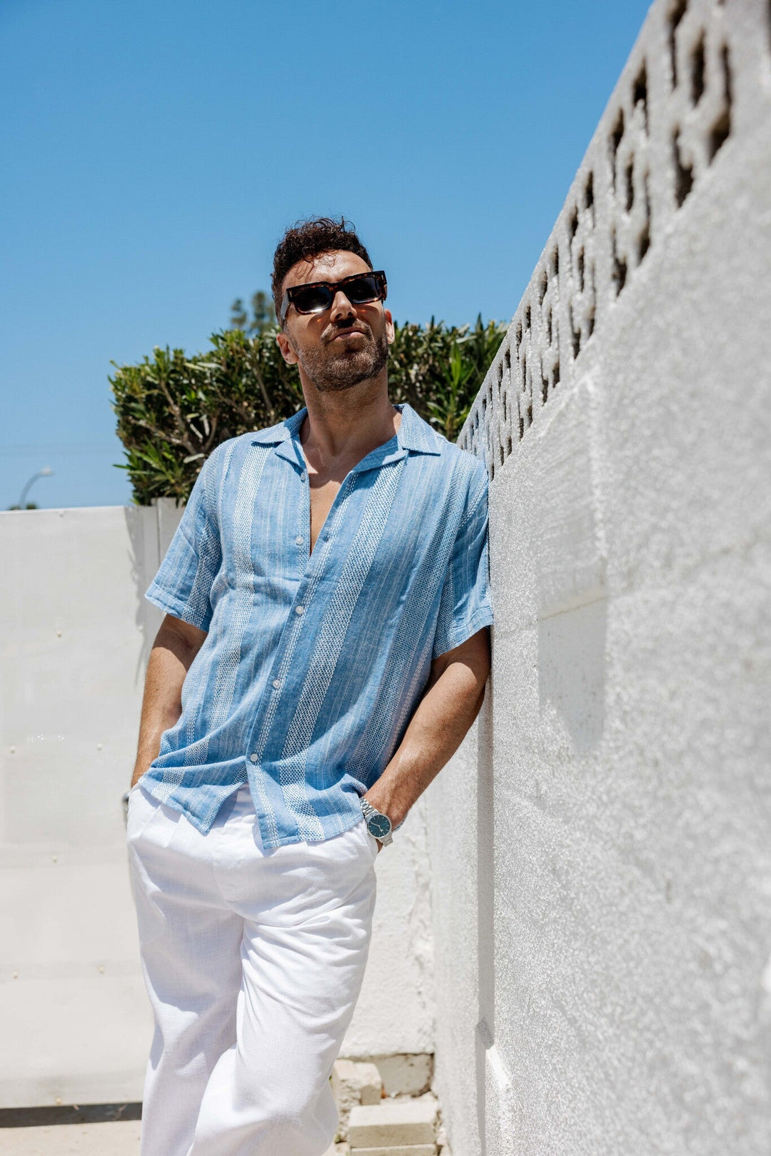 Men's Resort Style Casual Striped Multi - Texture Weave Linen Blend Shirt - Especially Yours