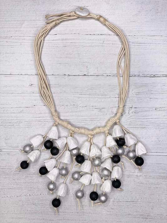 Alisha.D Women's Paper Mache Ivory Silver and Black Floral Tassel Statement Necklace