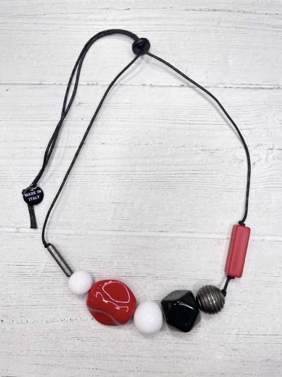 Alisha.D Women's Red Black and White Mixed Bead Adjustable Cord Statement Necklace