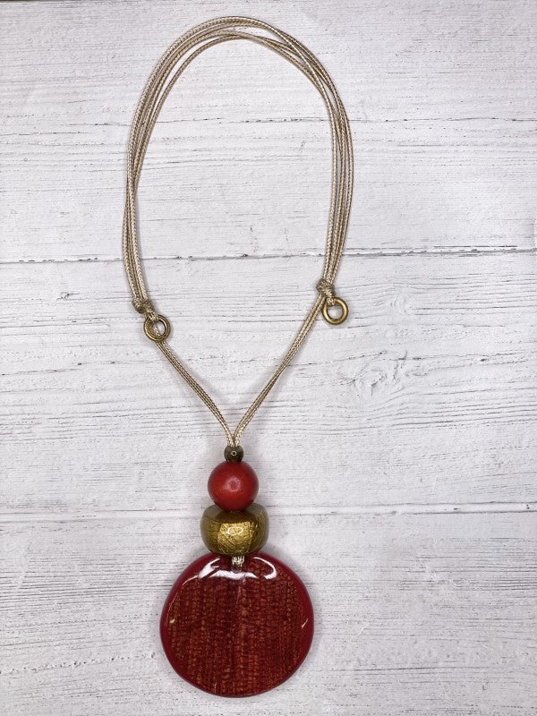 Alisha.D Women's Red Textured Round Pendant Adjustable Cord Necklace