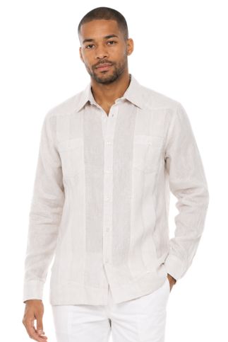 Men's 100% Linen Two-Pocket Design Guayabera Shirt Long Sleeve