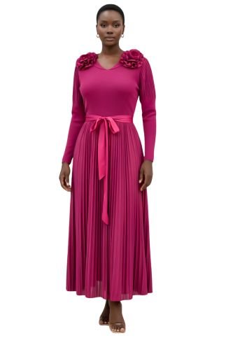 Pleated Rosette Shoulder Midi Dress - 83003 - Especially Yours