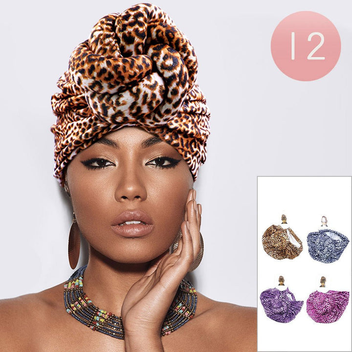 12PCS - Leopard Patterned Turban Hats PKH7120 - Especially Yours