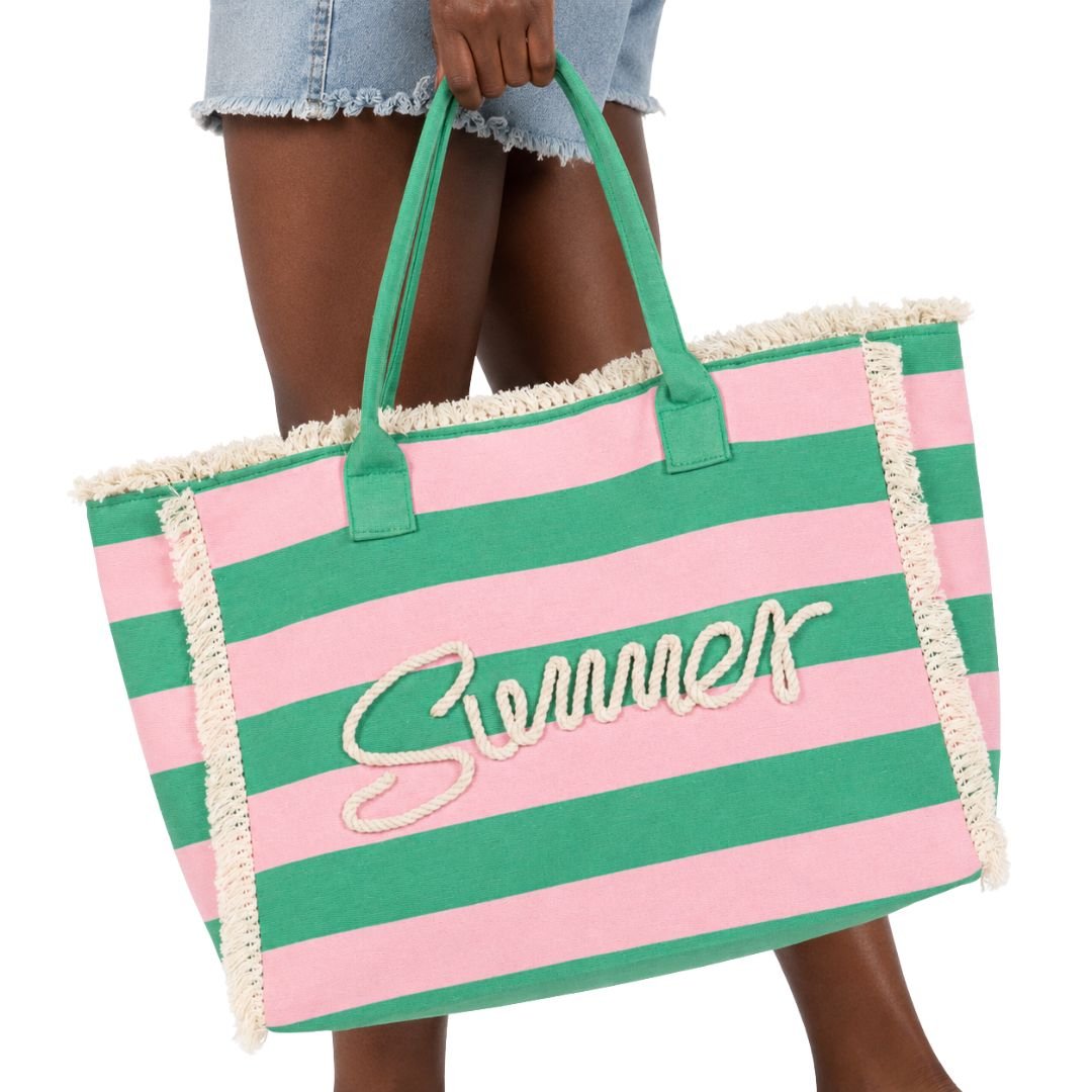 SUMMER Message Embroidered Fringe Striped Tote Beach Bag - Especially Yours