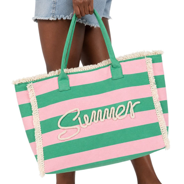 SUMMER Message Embroidered Fringe Striped Tote Beach Bag - Especially Yours