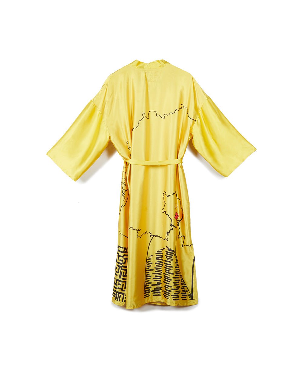 Mahogany Kimono back view – natural afro silhouette wrap-around art on lemon yellow satin robe by Pardon My Fro | EY