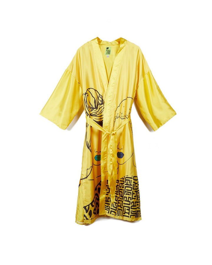 Mahogany Kimono by Pardon My Fro front – Black woman natural afro illustration on bright yellow satin with Greek key border | Especially Yours