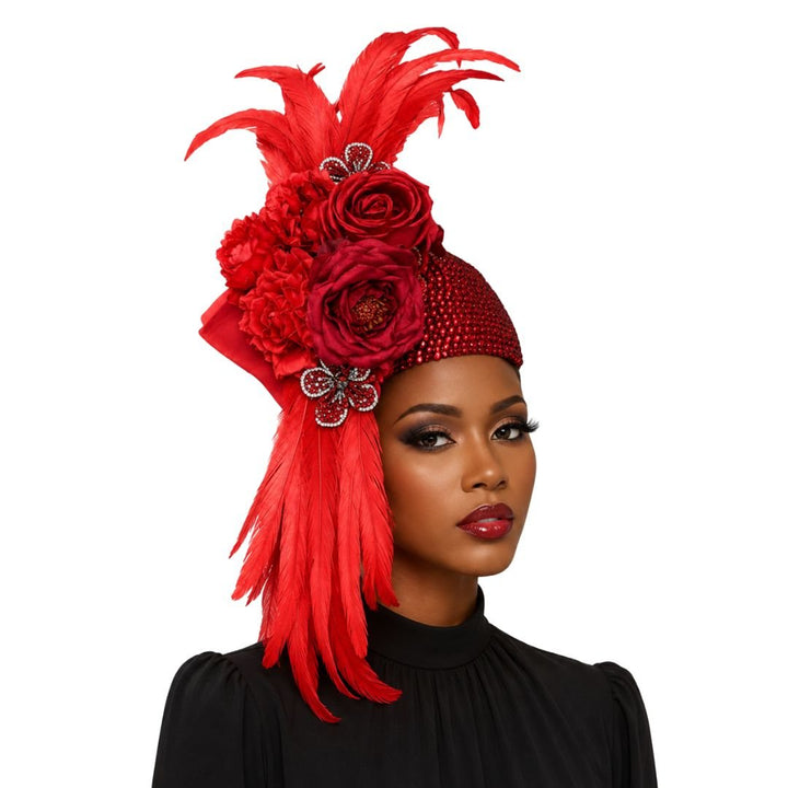 Adele Red Rhinestone Feather Church Hat - Whittall & Shon - Especially Yours
