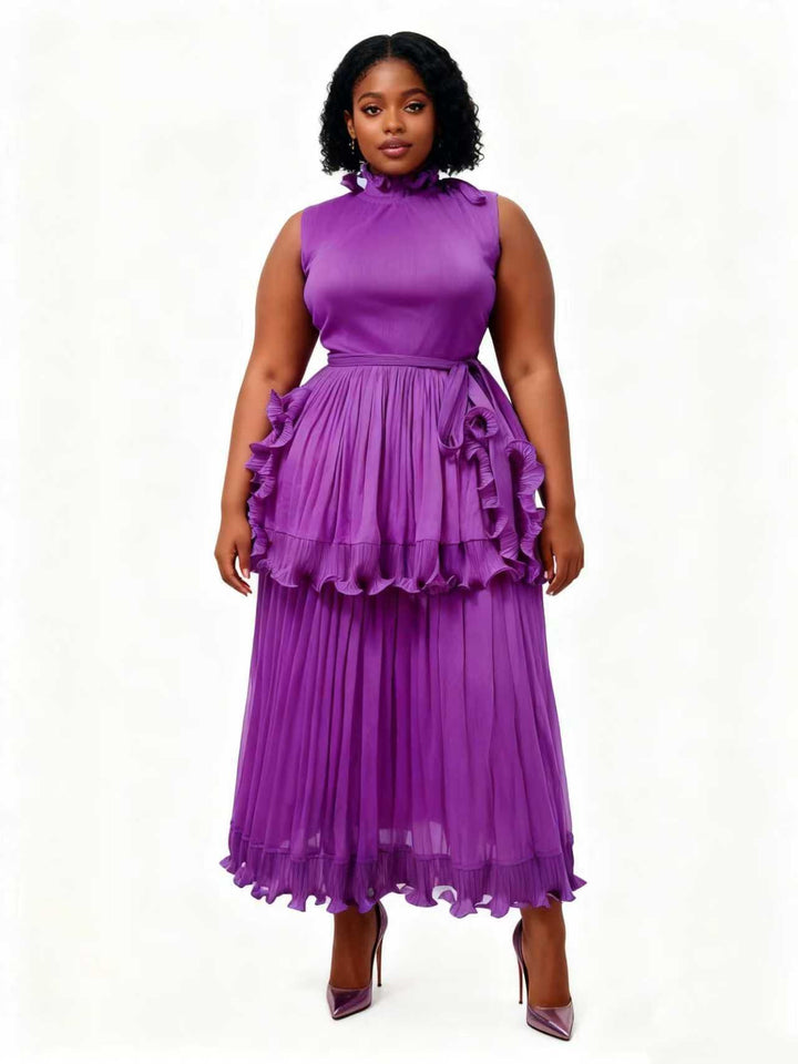 Ruffle Tiered Pleated Midi Dress - 83007