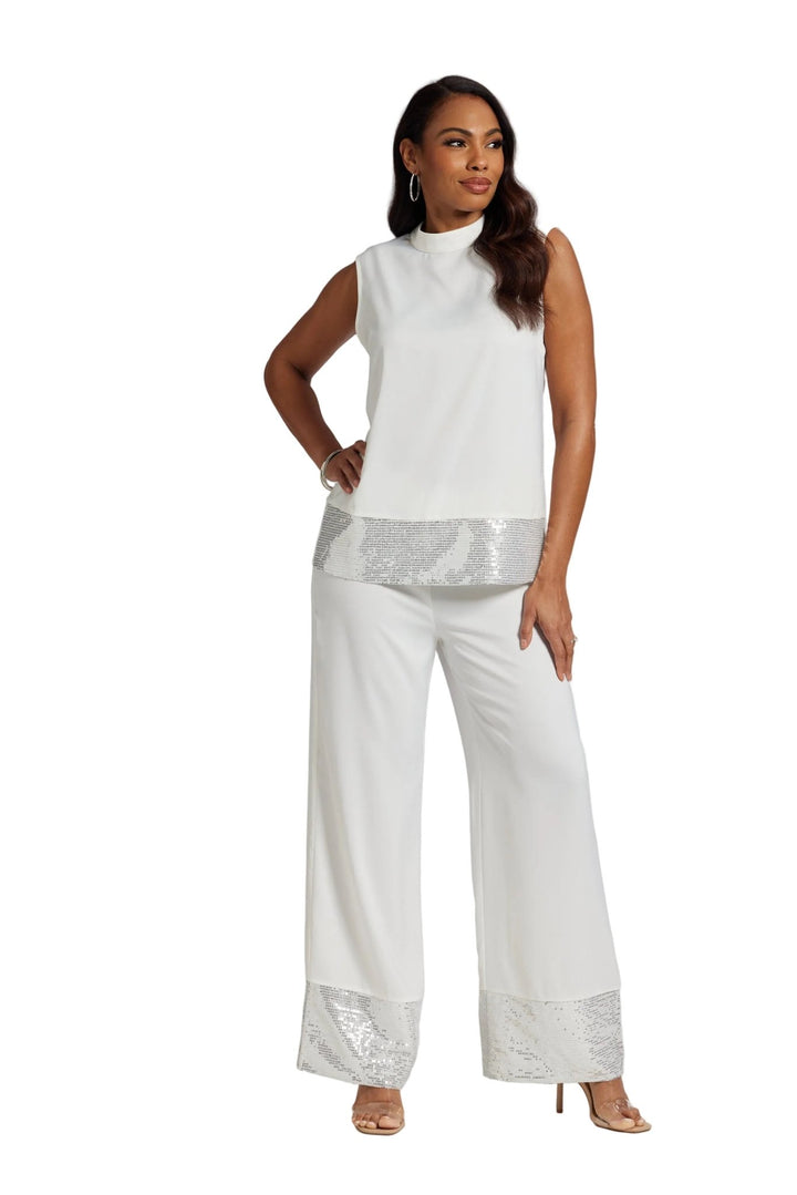 Twice as Nice Pantset by Studio EY - white sequin and mesh trimmed plus size wide-leg pantset with mock neck top, shaping darts and pearl button keyhole closure