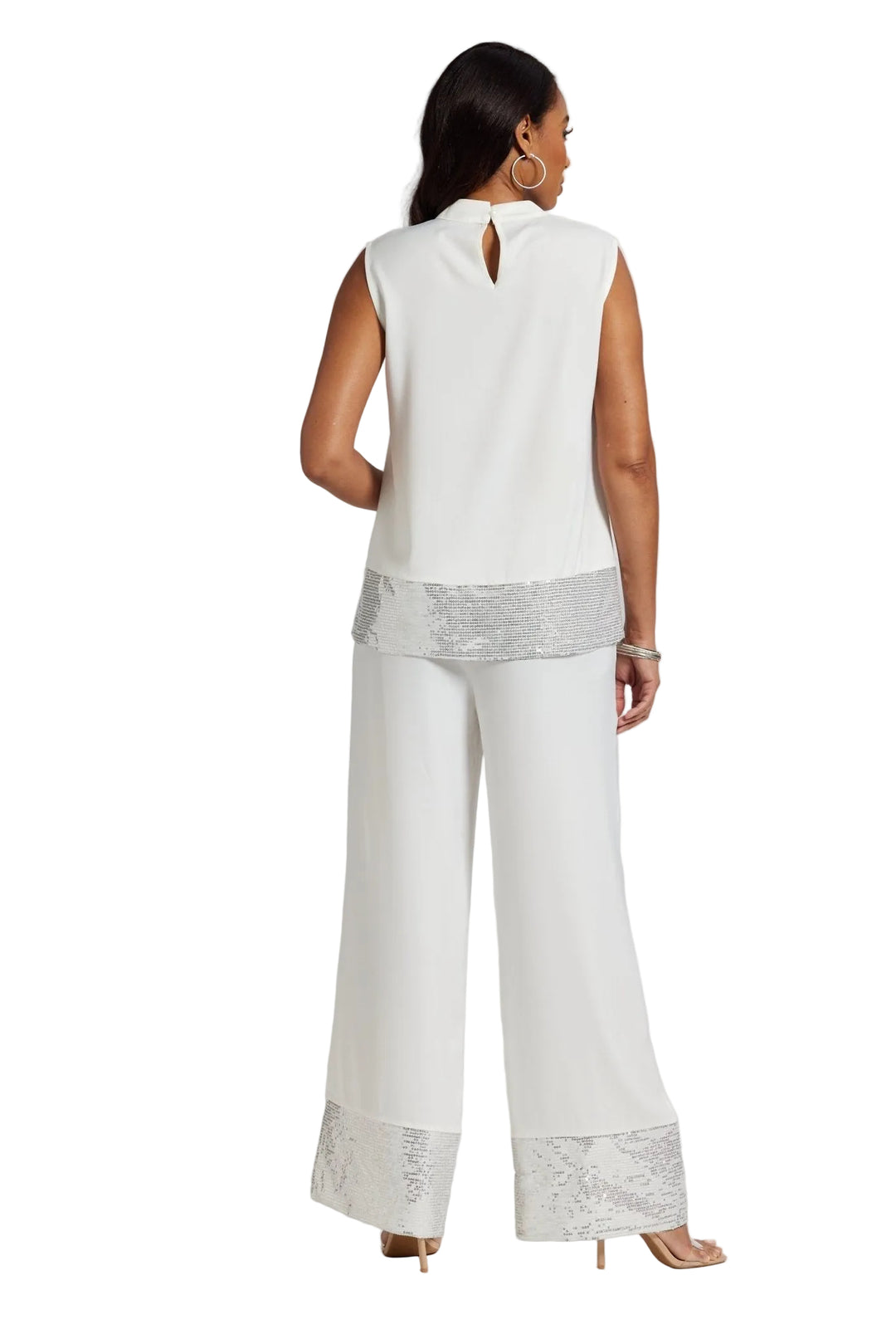 Close-up of pearl button keyhole closure and sequin mesh trim detail on the Twice as Nice Pantset top by Studio EY
