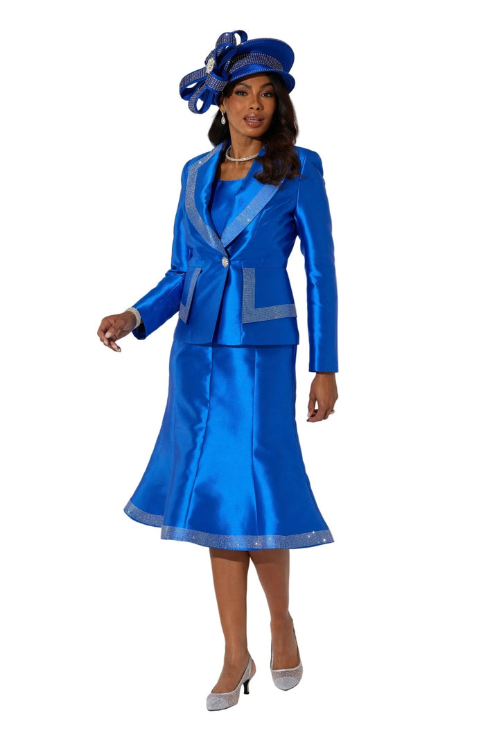 Close-up of diamante trim and jeweled button detail on The Finer Things Suit royal blue ladies church suit by EY Boutique