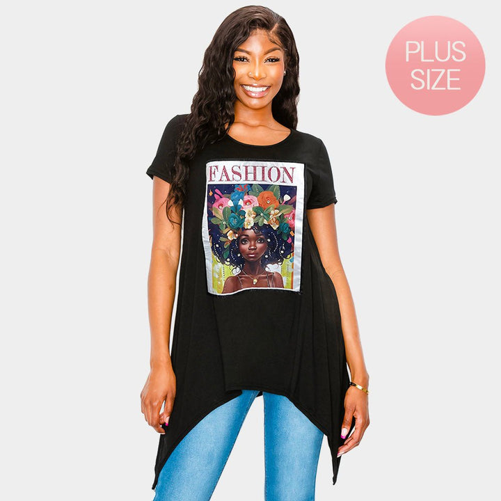 Stone Studded Fashion Message Afro Woman Printed Half Sleeve Top - Especially Yours