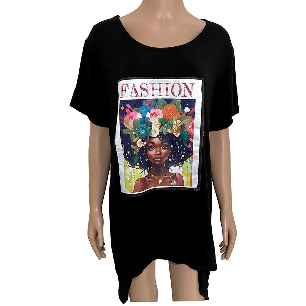 Stone Studded Fashion Message Afro Woman Printed Half Sleeve Top - Especially Yours