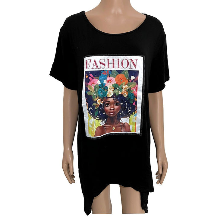 Stone Studded Fashion Message Afro Woman Printed Half Sleeve Top - Especially Yours