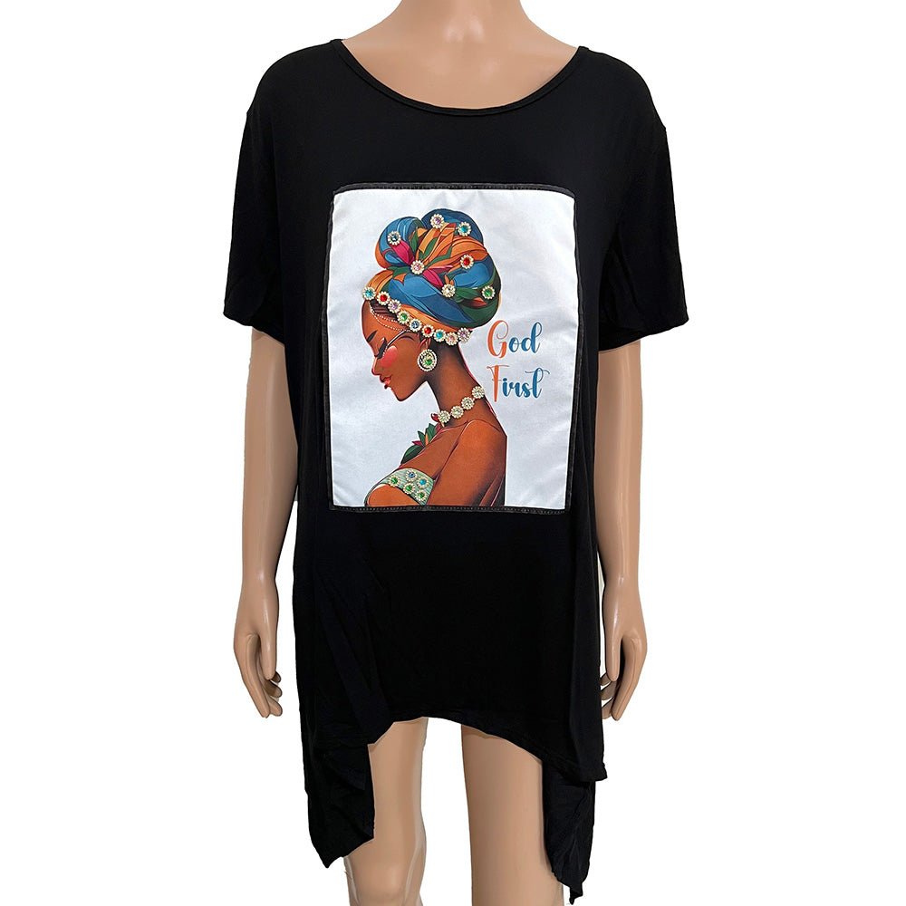 Stone Studded GOD TRUST Message Afro Woman Printed Half Sleeve Top - Especially Yours